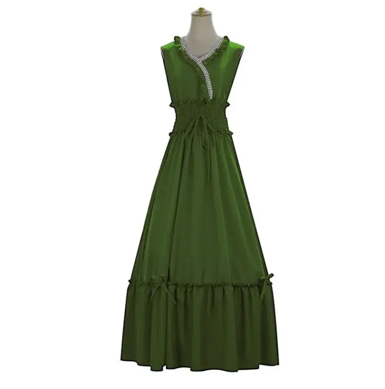 Women Medieval Renaissance Dress Boho Petticoat Sleeveless Smocked Waist Retro Pleated Long Dress Costume - Image 4