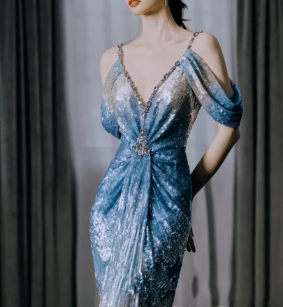 S0659G     Gradient Blue Host One Shoulder Model  Mermaid Annual Conference Pearl Gowns for Women Evening Dresses