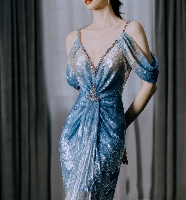S0659G     Gradient Blue Host One Shoulder Model  Mermaid Annual Conference Pearl Gowns for Women Evening Dresses