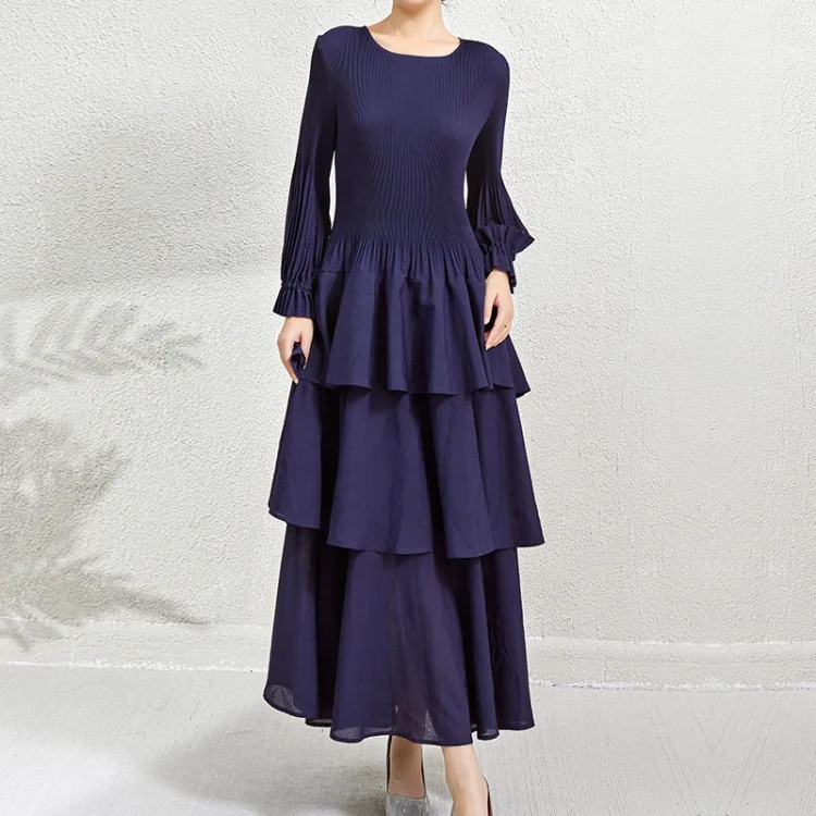 New Dresses 2024 Layered Dresses Women Lady Elegant Vintage Pleated Design Dresses Women Casual - Image 4