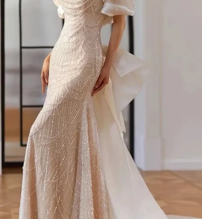 S0668G Mi -white Mermaid Nail Pearl Show Light Luxury off Shoulder Heavy Work Super Immortal Party Gowns for Women Evening Dress