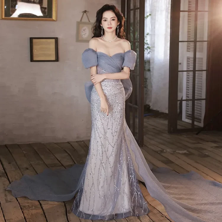 S0600T   Elegant Super Immortal Dream Bride Hot Selling Long-Sleeved Off-Shoulder Gown for Women Lace Decoration Evening Dresses - Image 6