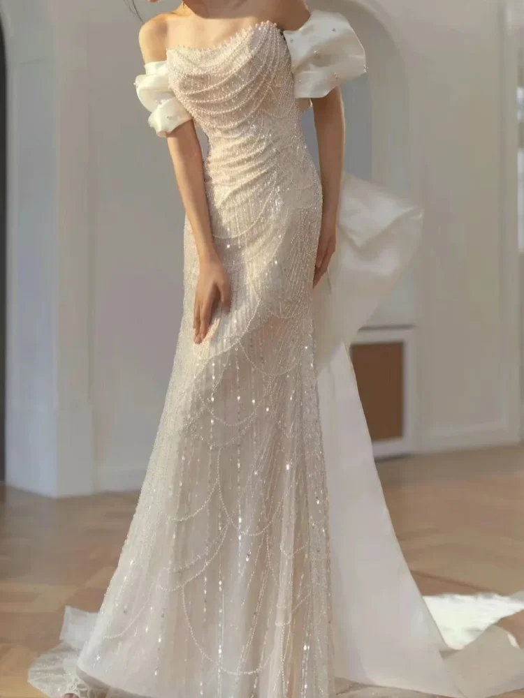 S0668G Mi -white Mermaid Nail Pearl Show Light Luxury off Shoulder Heavy Work Super Immortal Party Gowns for Women Evening Dress - Image 2