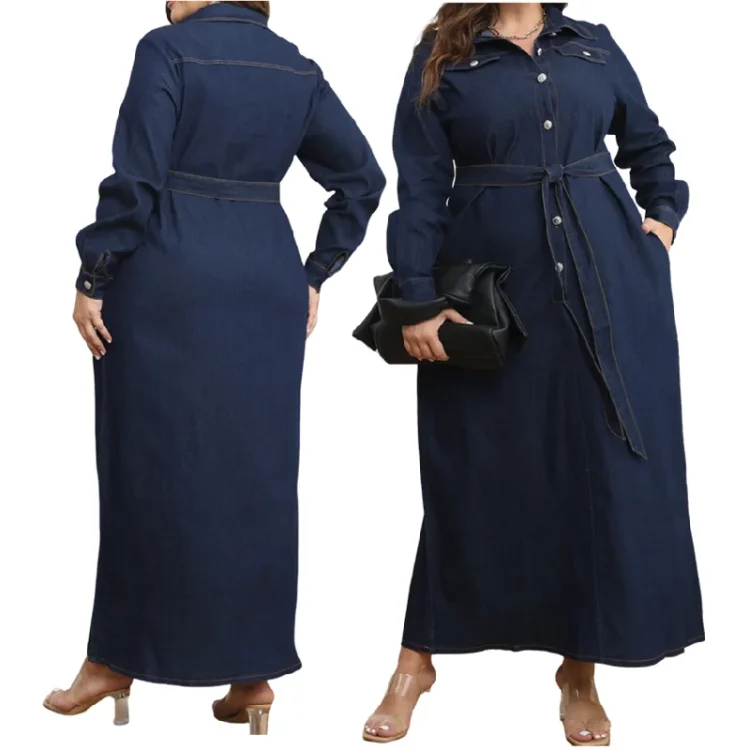Y218319 High-Quality Autumn Plus Size Jeans Dresses Women Casual Turn-Down Collar Washed Long Maxi Dresses Women Denim Dress - Image 6
