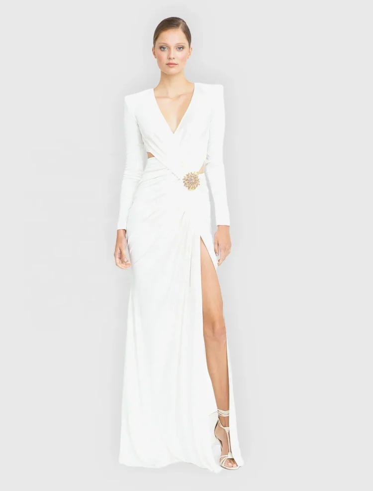 OUDINA Wholesale Customize Woman Metal Flower Waist Hollow V-neck Long Evening Dresses Gowns White Elegant Dress for Women - Image 5