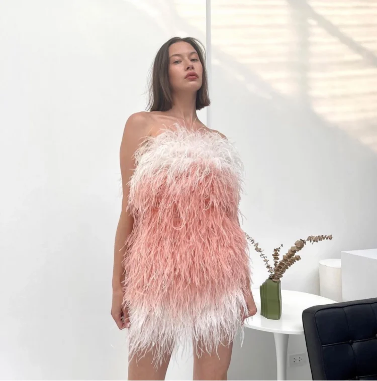 Long Fashion Ladies Fur Dress Wraps Sleeveless Bustier Corset Elegant Strapless Pink Ostrich Feather Evening Dress Women - Image 3