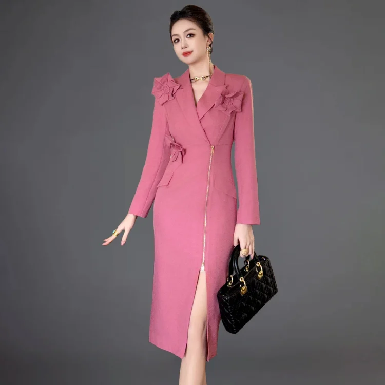 ZYHT 50799 Floral Decoration Zipper Long Sleeve Midi Women Uniform Style Elegant Work Official Dresses for Ladies Office Dress - Image 6