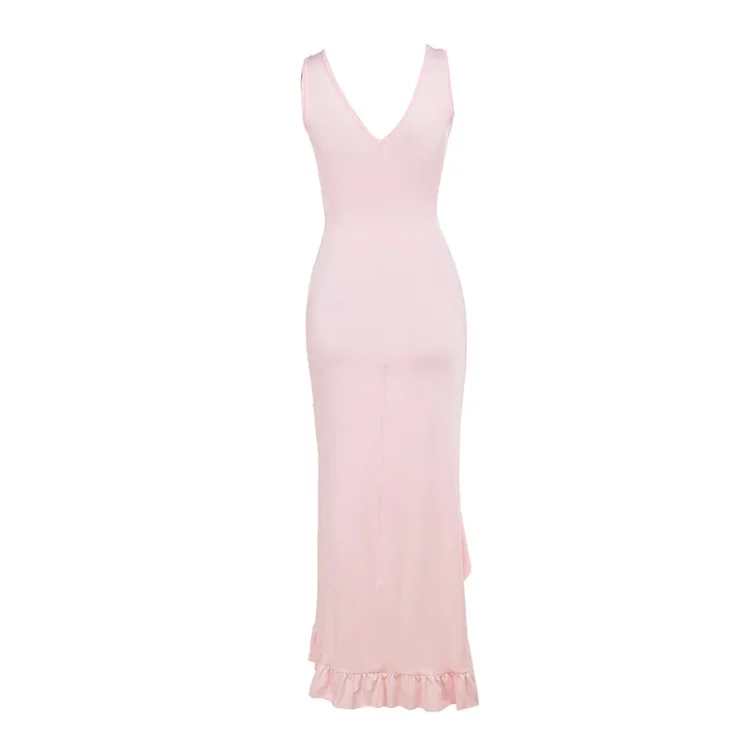2024 New Fashion Slim Fit Long Maxi Dresses for Women European American Low Cut V-neck Ruffles Pink Straps Dress - Image 4