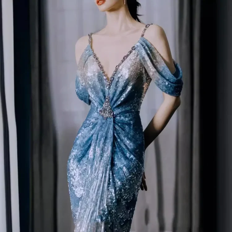 S0659G     Gradient Blue Host One Shoulder Model  Mermaid Annual Conference Pearl Gowns for Women Evening Dresses - Image 3