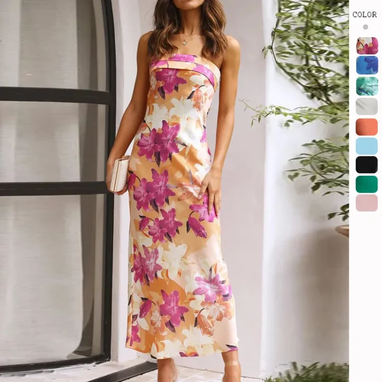 2024 Spring Summer New Fashion Elegant Satin Slim Fit Dress Women Floral Print Backless Evening Strapless Long Maxi Dresses - Image 6