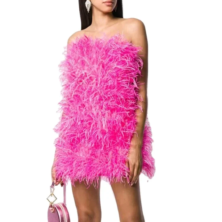 Custom Colors Strapless Long Feather Club Evening Dress Sleeveless Women Ostrich Feather Dress - Image 3