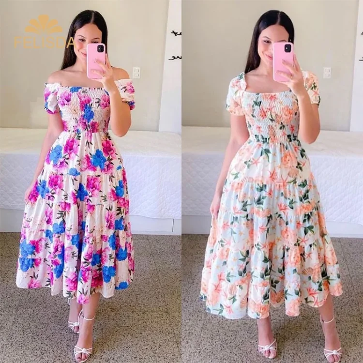 Elegant Off Shoulder Midi Party Dress Fashion Summer Flower Print Women's Clothing Short Sleeve Robe Casual Dresses Women 2025 - Image 6