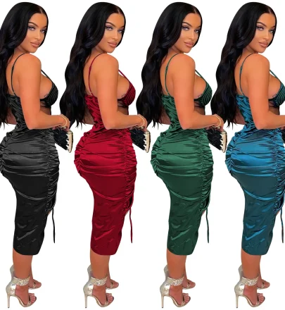 Side Slit Drawstring One Piece Satin Pleated Strapless Dresses Women Lady Elegant Sexy Club Dress