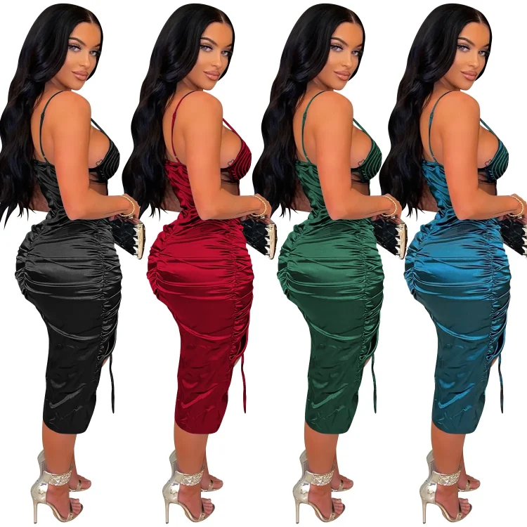 Side Slit Drawstring One Piece Satin Pleated Strapless Dresses Women Lady Elegant Sexy Club Dress