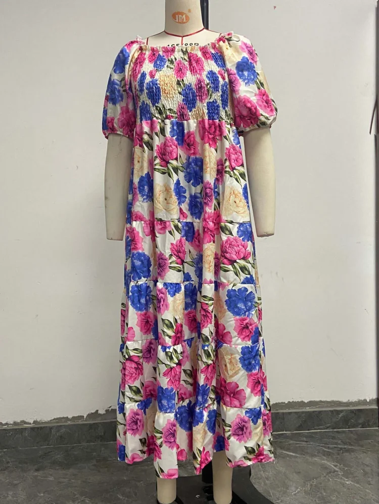 Elegant Off Shoulder Midi Party Dress Fashion Summer Flower Print Women's Clothing Short Sleeve Robe Casual Dresses Women 2025 - Image 4