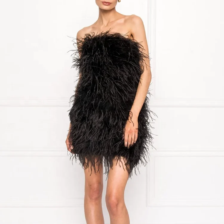 Custom Colors Strapless Long Feather Club Evening Dress Sleeveless Women Ostrich Feather Dress - Image 6