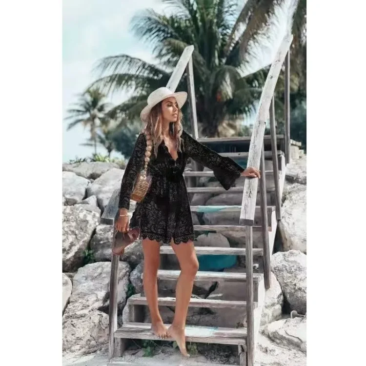 JSN9202224 New Arrival Manufacture Beach Cover up Sexy Resort Style Lace Long Sleeve V-neck Dress - Image 5