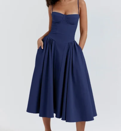 Factory Wholesale Summer Women's Solid Color Printing Sexy Mid-Waist Vintage Court Style Dress Lady's Long Slip Dress