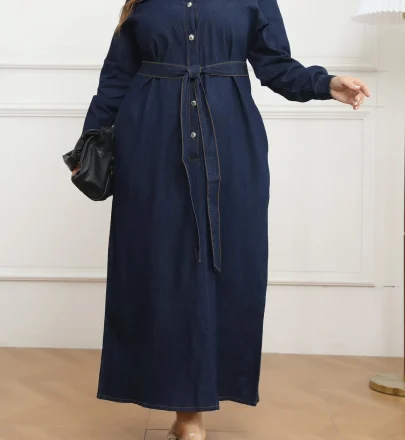 Y218319 High-Quality Autumn Plus Size Jeans Dresses Women Casual Turn-Down Collar Washed Long Maxi Dresses Women Denim Dress