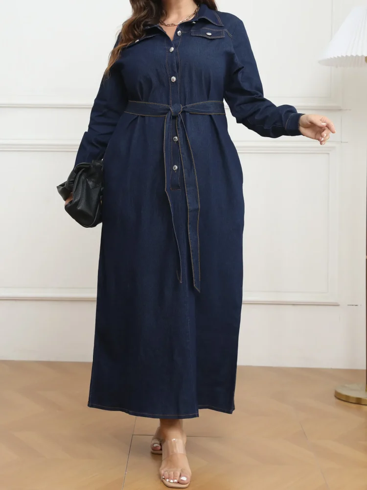 Y218319 High-Quality Autumn Plus Size Jeans Dresses Women Casual Turn-Down Collar Washed Long Maxi Dresses Women Denim Dress