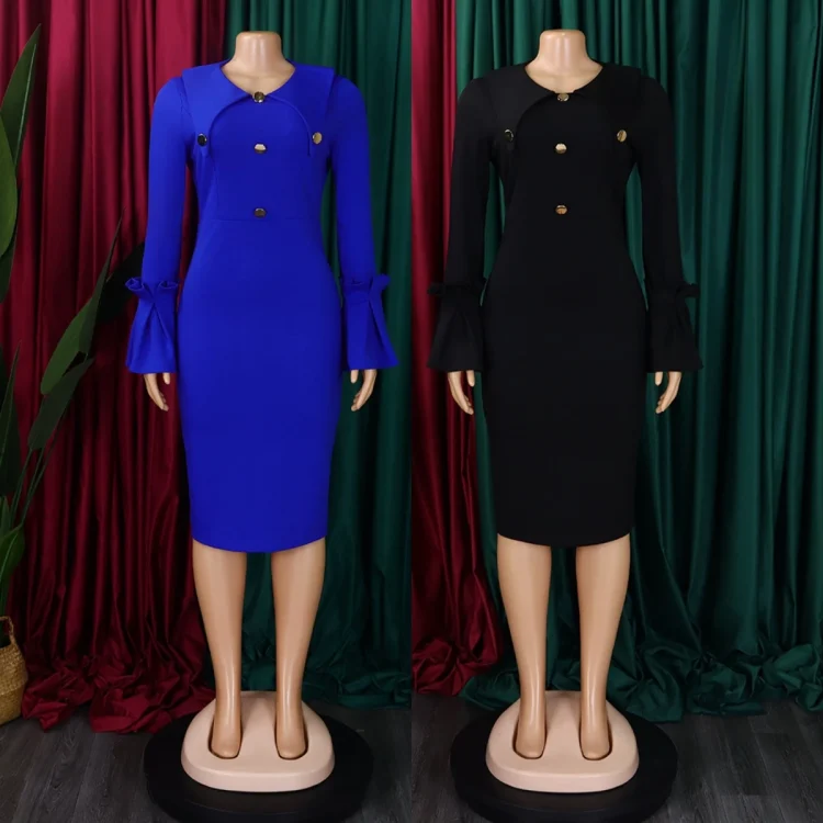 C8608 New Arrival Winter Dresses Women Casual Elegant Flared Sleeve Ladies Office Dress African Church Dresses for Women - Image 2