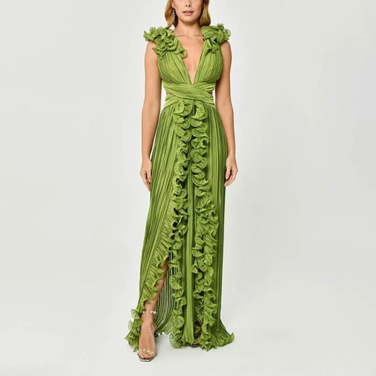 Wholesale Hot Sale Women's Clothing Bettergirl Factory Petals Solid Long Dress Holiday V-neck Slit Elegant Dress Women - Image 5