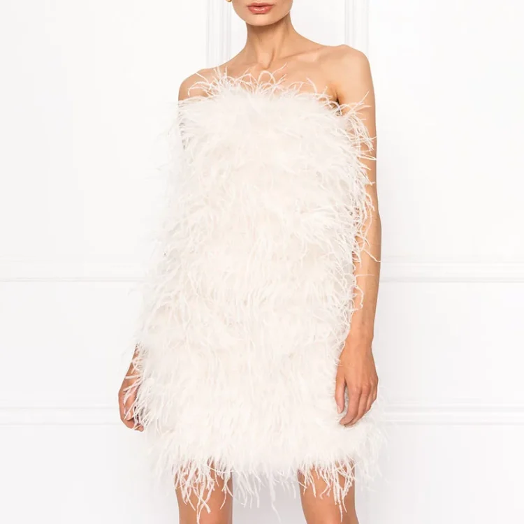 Custom Colors Strapless Long Feather Club Evening Dress Sleeveless Women Ostrich Feather Dress - Image 2