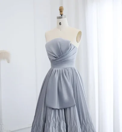 Custom Made Dubai Gray Geometry Patterns Satin Evening Dress for Women Elegant Arabic Wedding Party Gowns Sf039