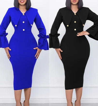 C8608 New Arrival Winter Dresses Women Casual Elegant Flared Sleeve Ladies Office Dress African Church Dresses for Women