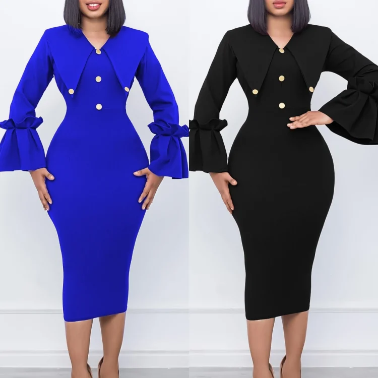 C8608 New Arrival Winter Dresses Women Casual Elegant Flared Sleeve Ladies Office Dress African Church Dresses for Women