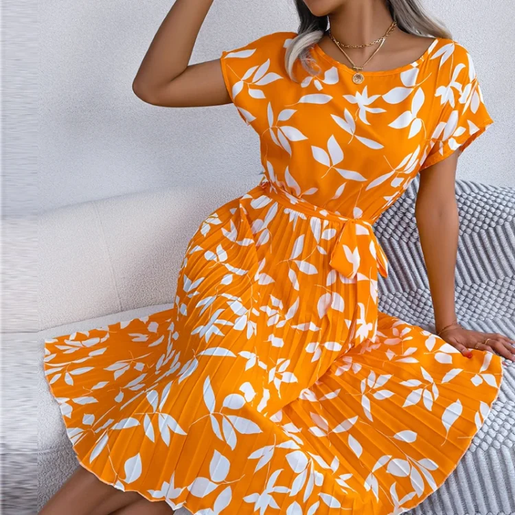 Elegant Short Sleeve Pleated Midi Dresses Women Sashes Chiffon Casual New Fashion New Style O-neck Dress Ladies - Image 5