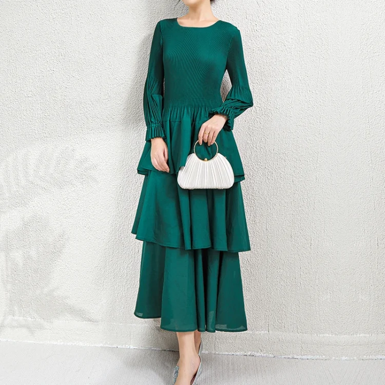 New Dresses 2024 Layered Dresses Women Lady Elegant Vintage Pleated Design Dresses Women Casual - Image 3