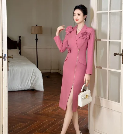ZYHT 50799 Floral Decoration Zipper Long Sleeve Midi Women Uniform Style Elegant Work Official Dresses for Ladies Office Dress