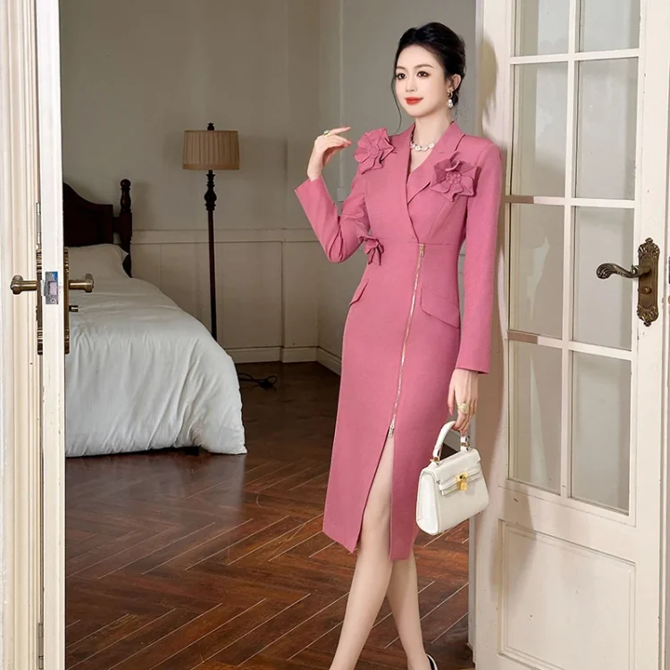 ZYHT 50799 Floral Decoration Zipper Long Sleeve Midi Women Uniform Style Elegant Work Official Dresses for Ladies Office Dress