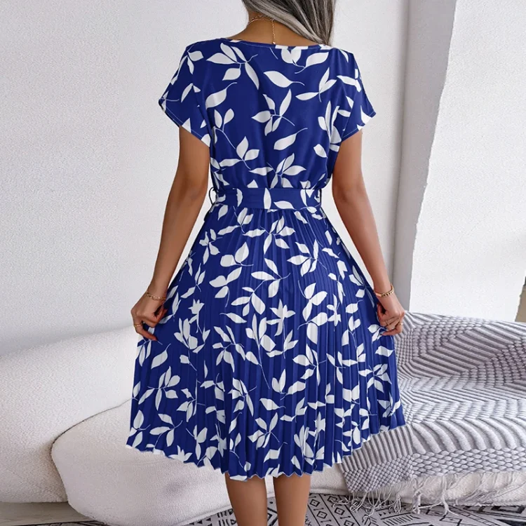 Elegant Short Sleeve Pleated Midi Dresses Women Sashes Chiffon Casual New Fashion New Style O-neck Dress Ladies - Image 4