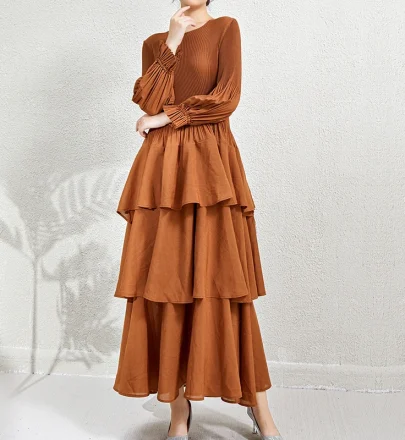 New Dresses 2024 Layered Dresses Women Lady Elegant Vintage Pleated Design Dresses Women Casual