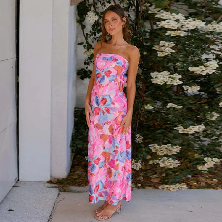 2024 Spring Summer New Fashion Elegant Satin Slim Fit Dress Women Floral Print Backless Evening Strapless Long Maxi Dresses - Image 3