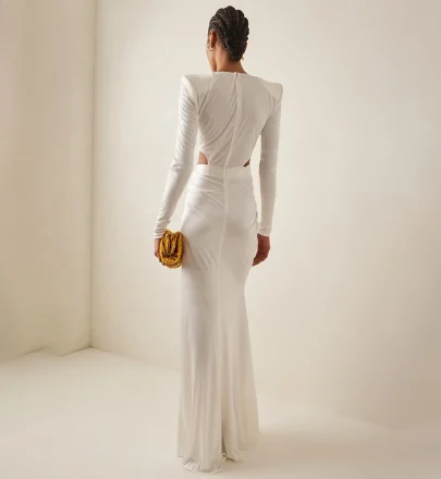 OUDINA Wholesale Customize Woman Metal Flower Waist Hollow V-neck Long Evening Dresses Gowns White Elegant Dress for Women