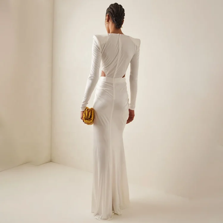 OUDINA Wholesale Customize Woman Metal Flower Waist Hollow V-neck Long Evening Dresses Gowns White Elegant Dress for Women
