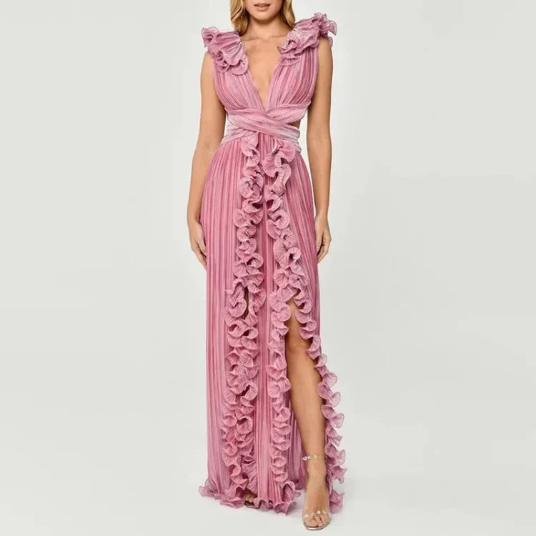 Wholesale Hot Sale Women's Clothing Bettergirl Factory Petals Solid Long Dress Holiday V-neck Slit Elegant Dress Women - Image 4