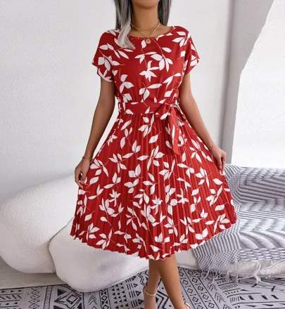 Elegant Short Sleeve Pleated Midi Dresses Women Sashes Chiffon Casual New Fashion New Style O-neck Dress Ladies