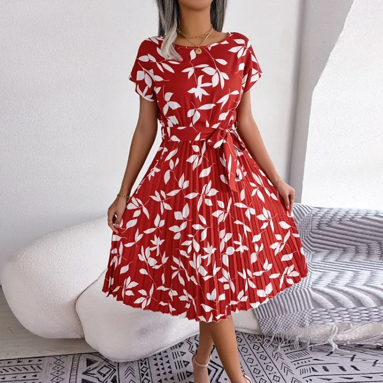 Elegant Short Sleeve Pleated Midi Dresses Women Sashes Chiffon Casual New Fashion New Style O-neck Dress Ladies