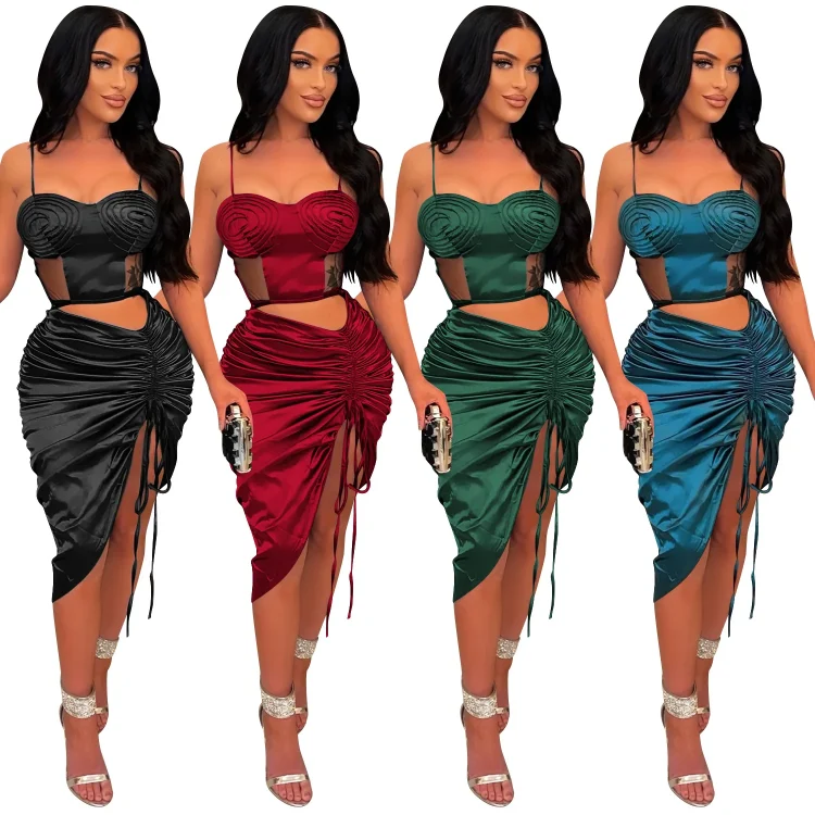 Side Slit Drawstring One Piece Satin Pleated Strapless Dresses Women Lady Elegant Sexy Club Dress - Image 6