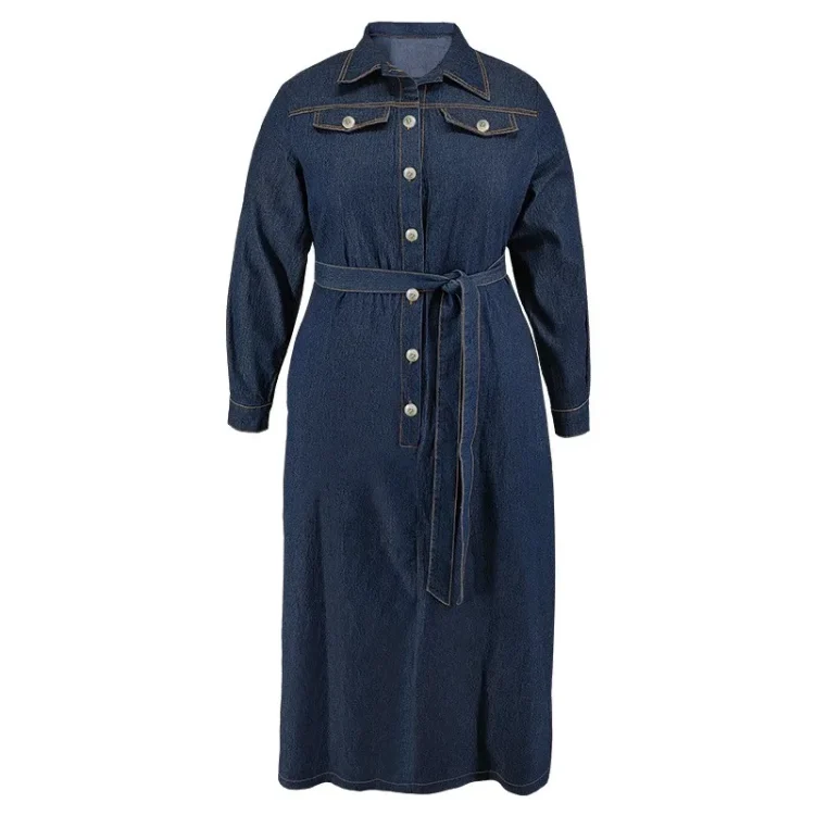 Y218319 High-Quality Autumn Plus Size Jeans Dresses Women Casual Turn-Down Collar Washed Long Maxi Dresses Women Denim Dress - Image 5