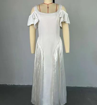 GX7601Fashion Summer Women 2024 Sexy Short Sleeve Strapless Pleated Patchwork Unique Long Dress Elegant U Neck Swing Maxi Dress