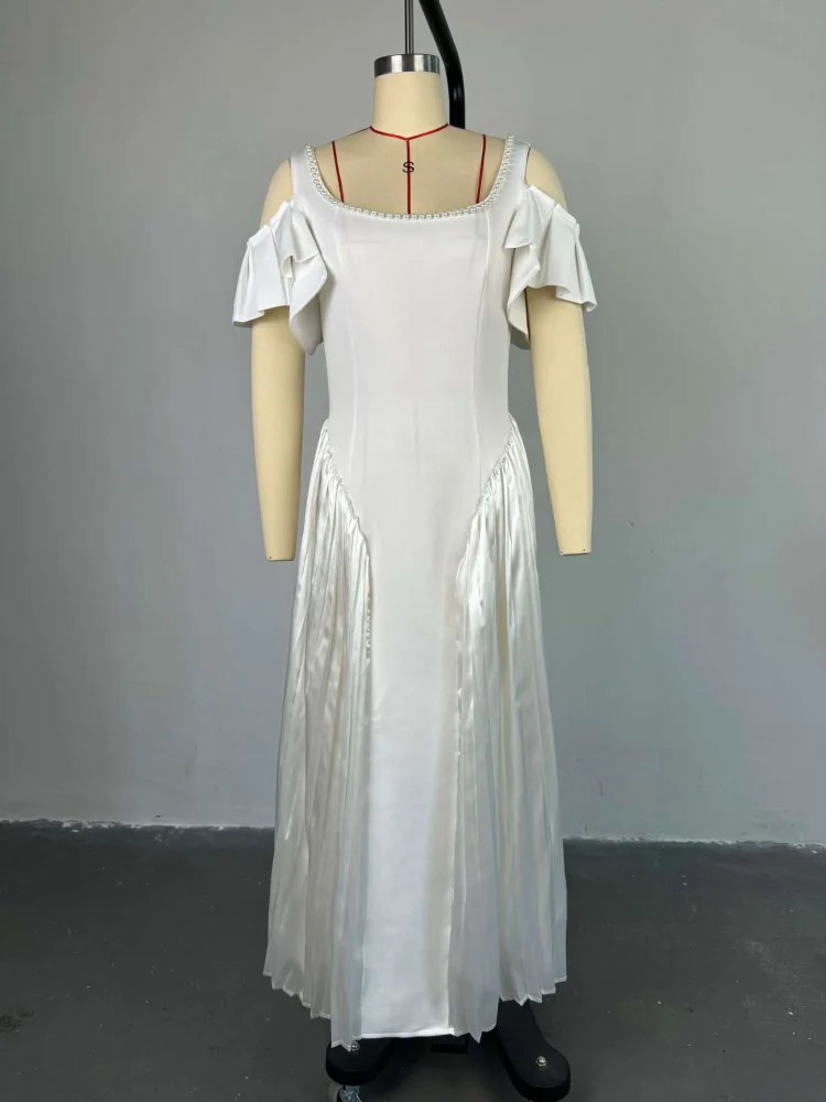 GX7601Fashion Summer Women 2024 Sexy Short Sleeve Strapless Pleated Patchwork Unique Long Dress Elegant U Neck Swing Maxi Dress