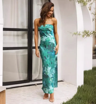 2024 Spring Summer New Fashion Elegant Satin Slim Fit Dress Women Floral Print Backless Evening Strapless Long Maxi Dresses