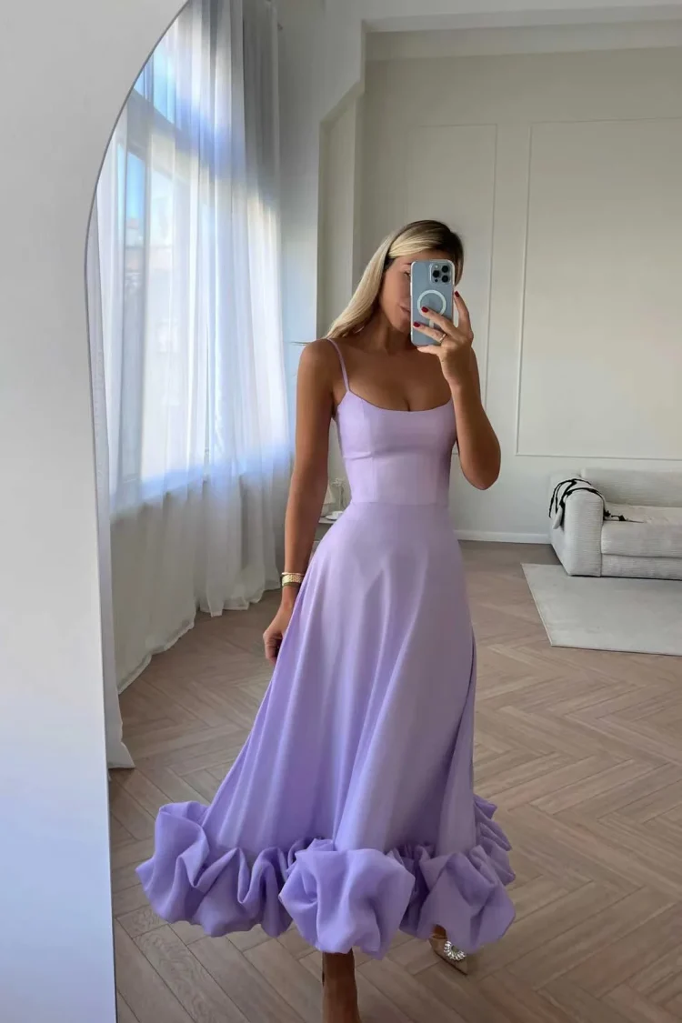 2024 Custom Suspender Large Swing Plain A-Line Skirt Long Dresses Sleeveless Sexy Sun Dresses Black Slip Petal Hem Midi Dress - Image 2
