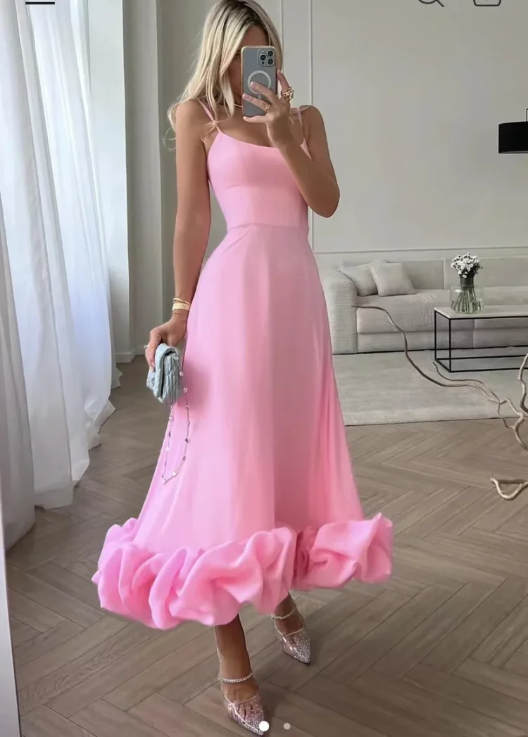 2024 Custom Suspender Large Swing Plain A-Line Skirt Long Dresses Sleeveless Sexy Sun Dresses Black Slip Petal Hem Midi Dress - Image 3