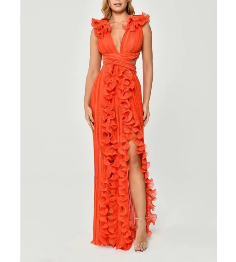 Wholesale Hot Sale Women's Clothing Bettergirl Factory Petals Solid Long Dress Holiday V-neck Slit Elegant Dress Women - Image 6